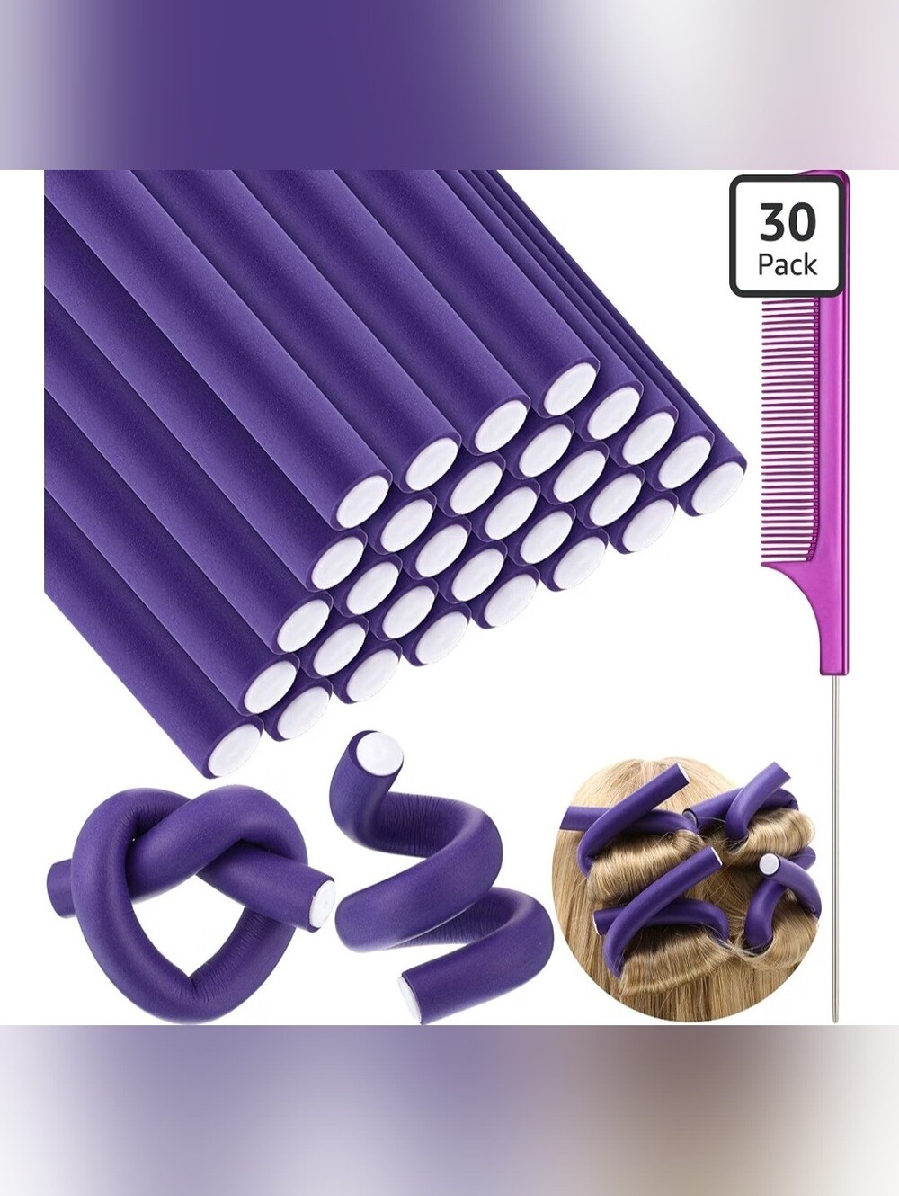 Purple 7" Flexi Rods 30 Count Includes 1 Rattail Comb